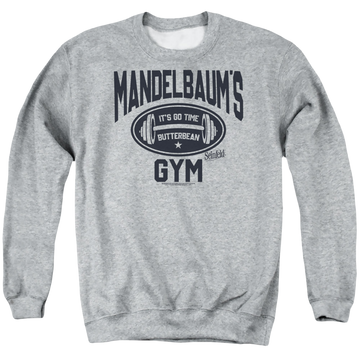 Athletic heather men's crewneck sweatshirt with Seinfeld Madelbaum's Gym graphic