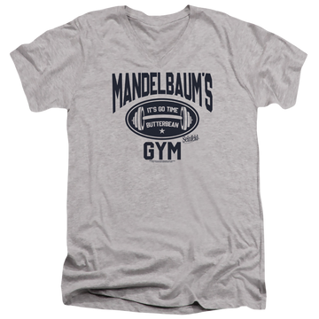 Athletic heather men's v-neck t-shirt with Seinfeld Madelbaum's Gym graphic