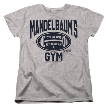 Athletic heather women's t-shirt with Seinfeld Madelbaum's Gym graphic