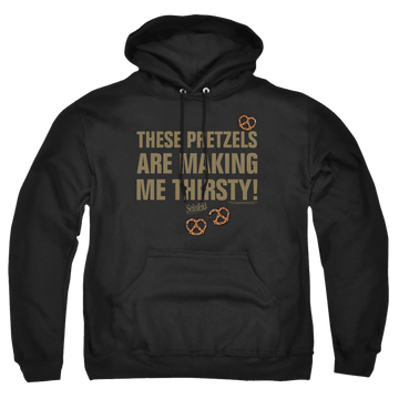 Black pullover hoodie with Seinfeld Pretzels Thirsty graphic