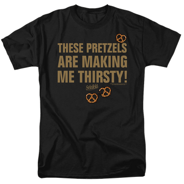 Black men's regular fit t-shirt with Seinfeld Pretzels Thirsty graphic
