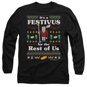 Black men's long sleeve t-shirt with Seinfeld Festive Festivus graphic
