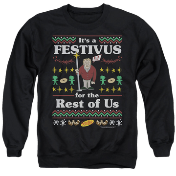 Black men's crewneck sweatshirt with Seinfeld Festive Festivus graphic
