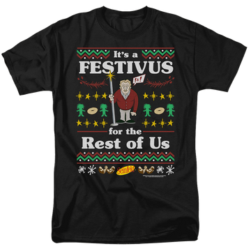 Black men's regular fit t-shirt with Seinfeld Festive Festivus graphic