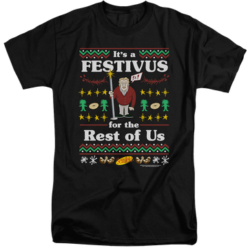 Black men's tall fit t-shirt with Seinfeld Festive Festivus graphic