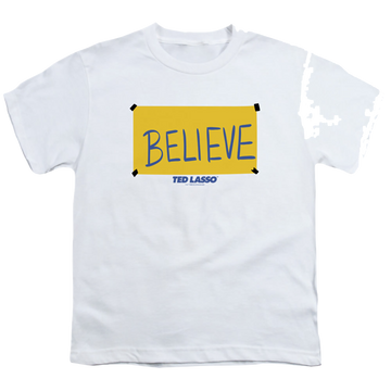 White youth t-shirt for ages 8 to 12 with Ted Lasso Believe Sign graphic