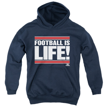 Navy youth hoodie for ages 8 to 12 with Ted Lasso Football Is Life graphic
