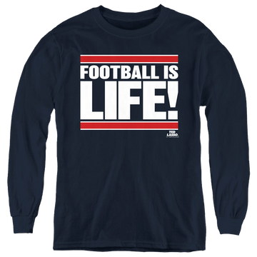 Navy youth long sleeve t-shirt with Ted Lasso Football Is Life graphic