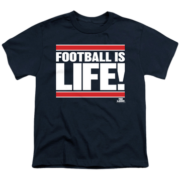 Navy youth t-shirt for ages 8 to 12 with Ted Lasso Football Is Life graphic