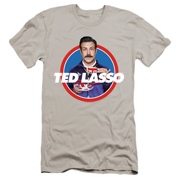 Silver men's premium slim fit t-shirt with Ted Lasso Tea Cup graphic
