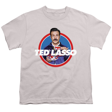 Silver youth t-shirt for ages 8 to 12 with Ted Lasso Tea Cup graphic