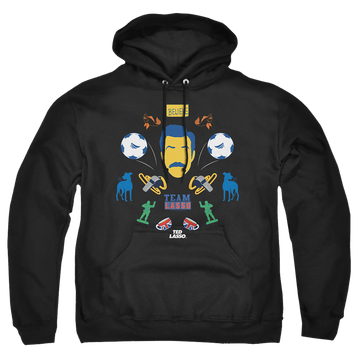 Black pullover hoodie with Ted Lasso Icon Collage graphic