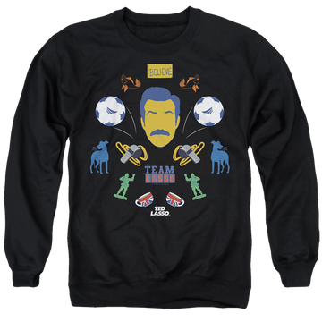 Black men's crewneck sweatshirt with Ted Lasso Icon Collage graphic