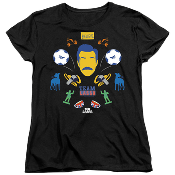 Black women's t-shirt with Ted Lasso Icon Collage graphic