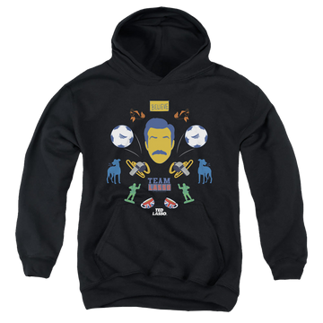 Black youth hoodie for ages 8 to 12 with Ted Lasso Icon Collage graphic