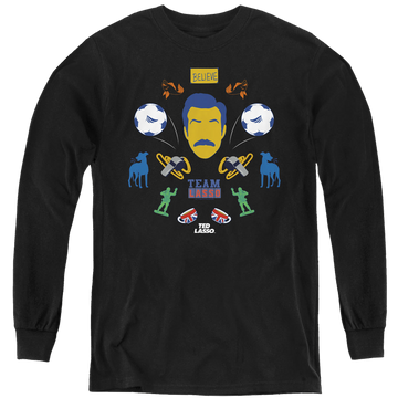 Black youth long sleeve t-shirt with Ted Lasso Icon Collage graphic