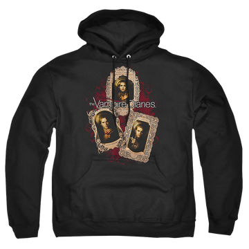 Black pullover hoodie with The Vampire Diaries Holy Cards graphic