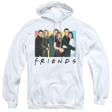 White pullover hoodie with Friends Cast Logo graphic