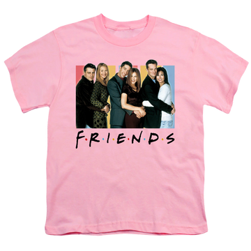 Pink youth t-shirt for ages 8 to 12 with Friends Cast Logo graphic