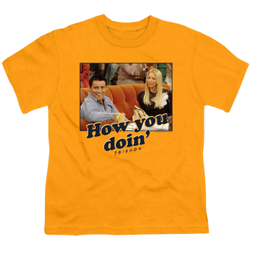 Gold youth t-shirt for ages 8 to 12 with Friends How You Doin graphic