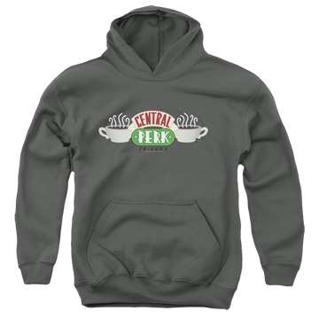 Charcoal youth hoodie for ages 8 to 12 with Friends Central Perk Logo graphic