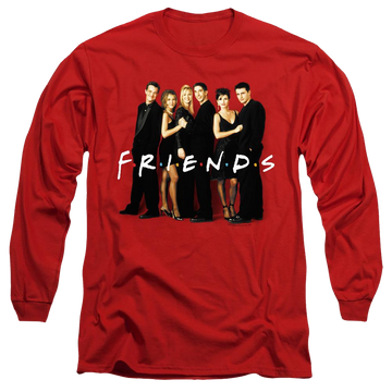 Red men's long sleeve t-shirt with Friends Cast In Black graphic