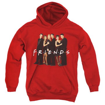 Red youth hoodie for ages 8 to 12 with Friends Cast In Black graphic