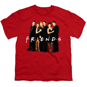 Red youth t-shirt for ages 8 to 12 with Friends Cast In Black graphic