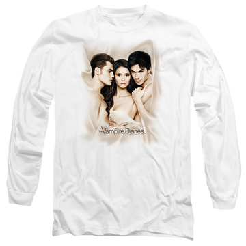 White men's long sleeve t-shirt with The Vampire Diaries Bounded graphic