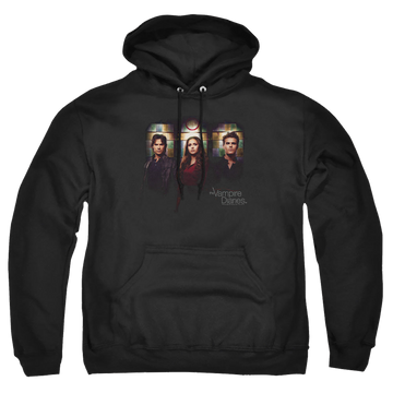 Black pullover hoodie with The Vampire Diaries Stained Windows graphic