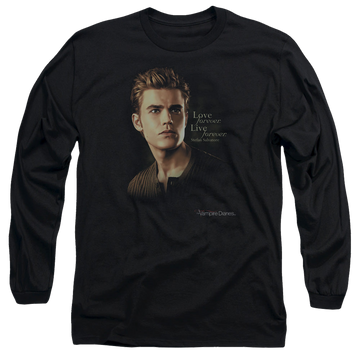 Black men's long sleeve t-shirt with The Vampire Diaries Forever graphic