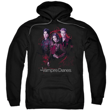 Black pullover hoodie with The Vampire Diaries Company Of Three graphic