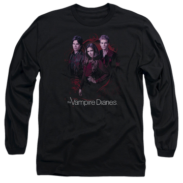 Black men's long sleeve t-shirt with The Vampire Diaries Company Of Three graphic