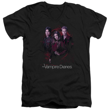 Black men's v-neck t-shirt with The Vampire Diaries Company Of Three graphic
