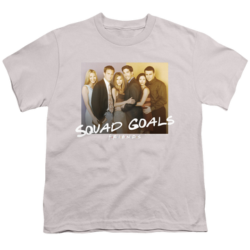 Silver youth t-shirt for ages 8 to 12 with Friends Squad Goals graphic