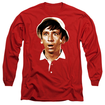 Red men's long sleeve t-shirt with Gilligan's Island Gilligans Head graphic