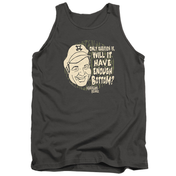 Charcoal men's tank with Gilligan's Island Enough Bottom graphic