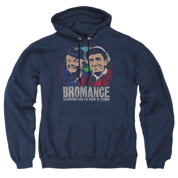 Navy pullover hoodie with Gilligan's Island Stormy Bromance graphic
