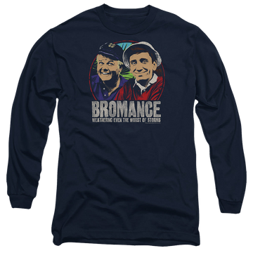Navy men's long sleeve t-shirt with Gilligan's Island Stormy Bromance graphic