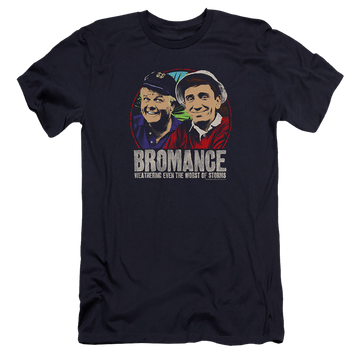 Navy men's premium slim fit t-shirt with Gilligan's Island Stormy Bromance graphic