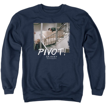 Navy men's crewneck sweatshirt with Friends Pivot graphic