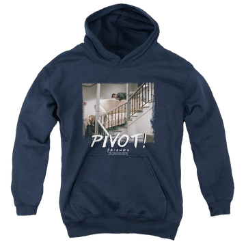 Navy youth hoodie for ages 8 to 12 with Friends Pivot graphic
