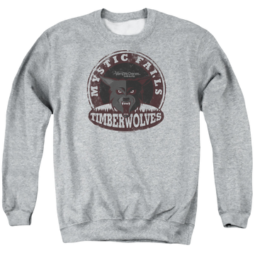 Athletic heather men's crewneck sweatshirt with The Vampire Diaries Timberwolves graphic