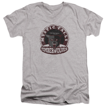 Athletic heather men's v-neck t-shirt with The Vampire Diaries Timberwolves graphic