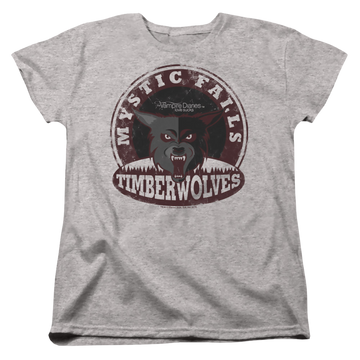 Athletic heather women's t-shirt with The Vampire Diaries Timberwolves graphic
