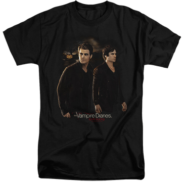 Black men's tall fit t-shirt with The Vampire Diaries Brothers graphic