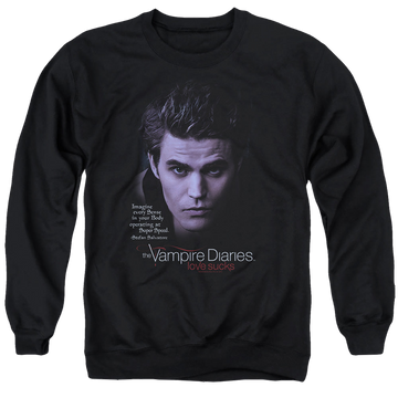 Black men's crewneck sweatshirt with The Vampire Diaries Sense Your Body graphic