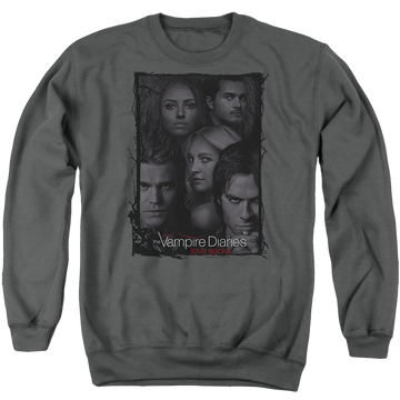 Charcoal men's crewneck sweatshirt with The Vampire Diaries So Here We Are graphic