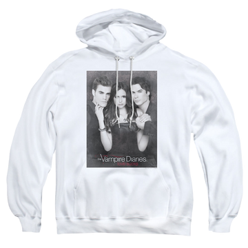 White pullover hoodie with The Vampire Diaries That Was Then graphic