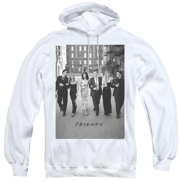 White pullover hoodie with Friends Walk The Streets graphic